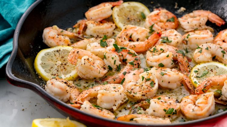 Lemon garlic shrimp sizzling in the pan